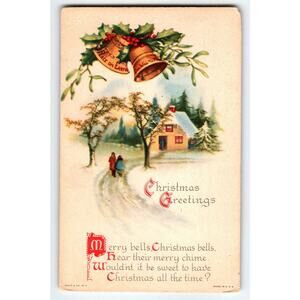 Vintage 1925 Christmas Postcard with Bells & Snowy Cottage Scene